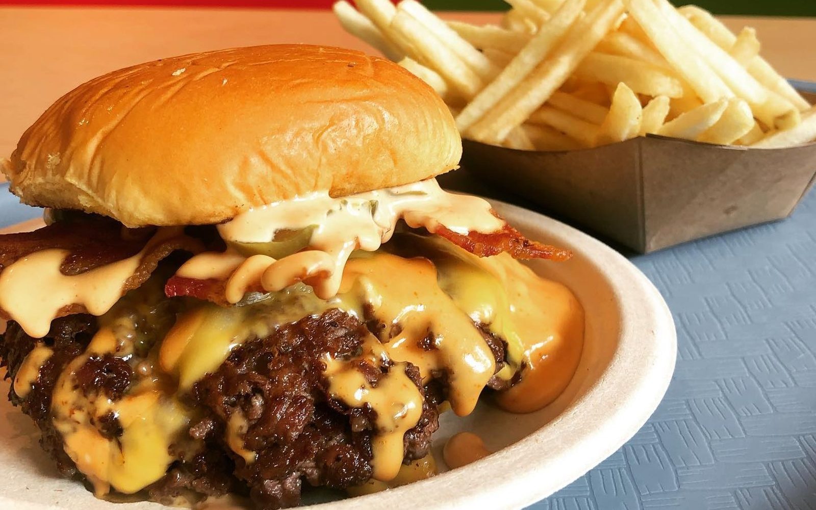 Smash burger and fries background